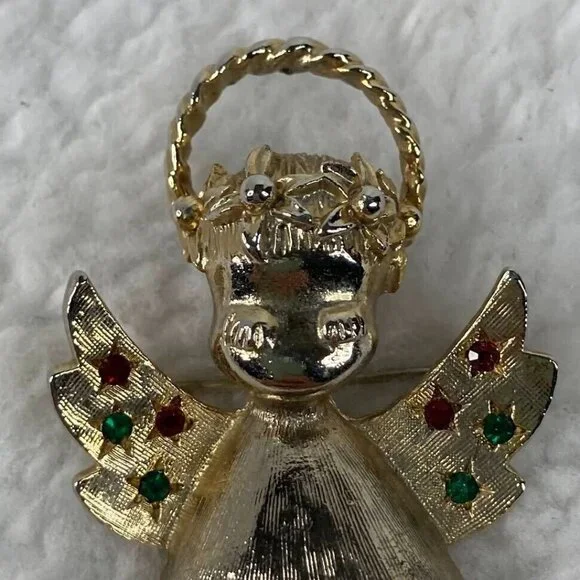 Vintage‎ Christmas Angel Brooch 2" Pin Gold Tone Red Green Rhinestones - Picture 6 of 10